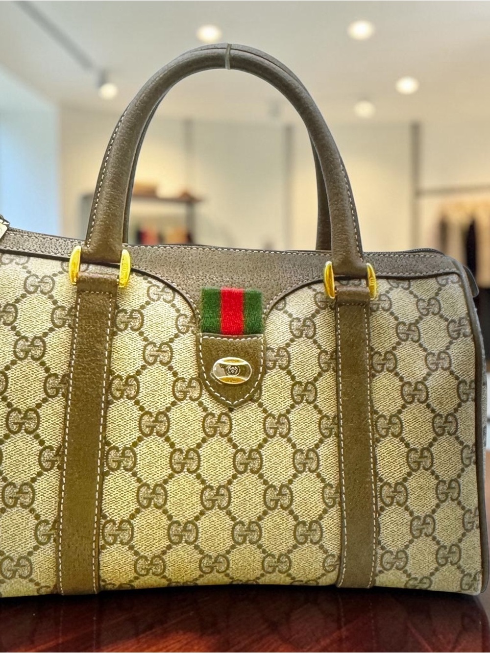 Gucci Brown GG Canvas Mini Boston with Green-Red Stripe